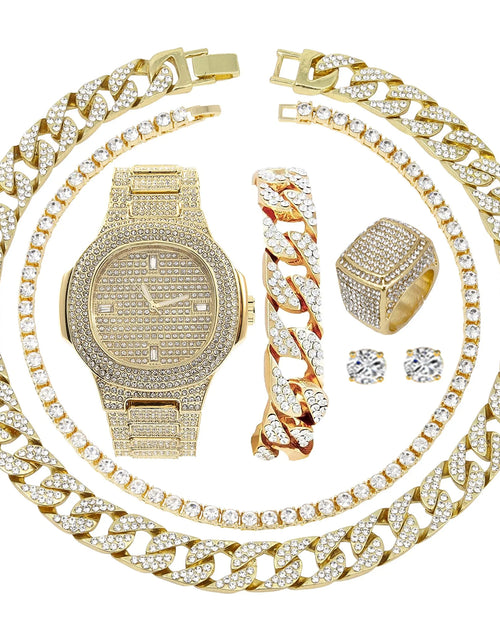 Load image into Gallery viewer, Silver Plated Bling-Ed Out Oblong Case Metal Mens Watch W/Matching Cuban Chain Bracelet, Cuban Necklace, Tennis Chain &amp; Ring Size 11-8967CRNTS(11)
