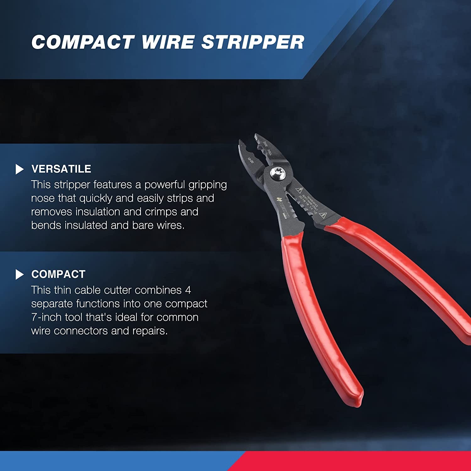 02037A Compact Wire Stripper | 4-In-1 Multi Purpose Electricians Pliers | Wire Crimper, Cutter and Gripper | 12-20 AWG Wire Service Tool | Crimps Insulated & Non-Insulated | Electrical Stripping