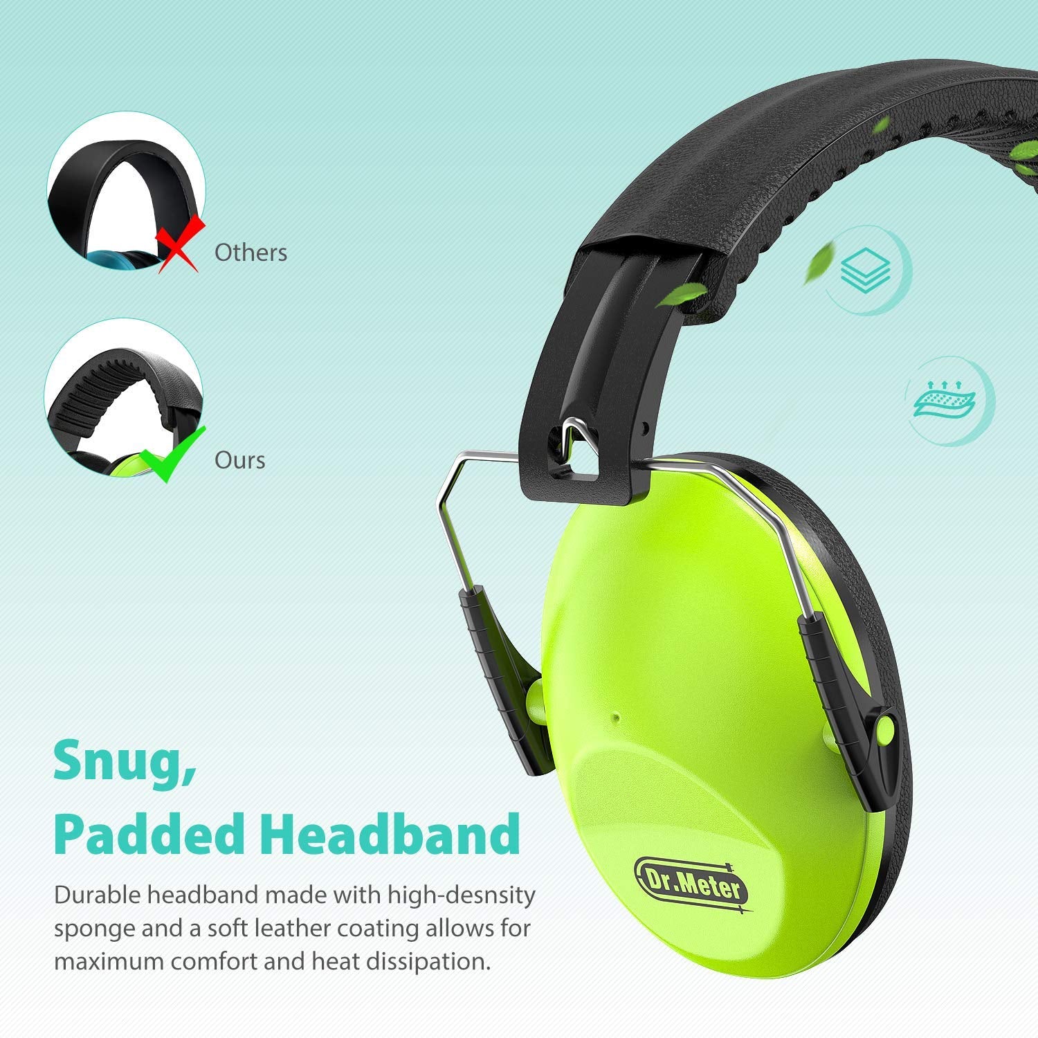 EM100 Kids Protective Earmuffs with Noise Blocking Children Ear Muffs for Sleeping, Studying, Shooting, Babies 27NRR Adjustable Head Band, Green