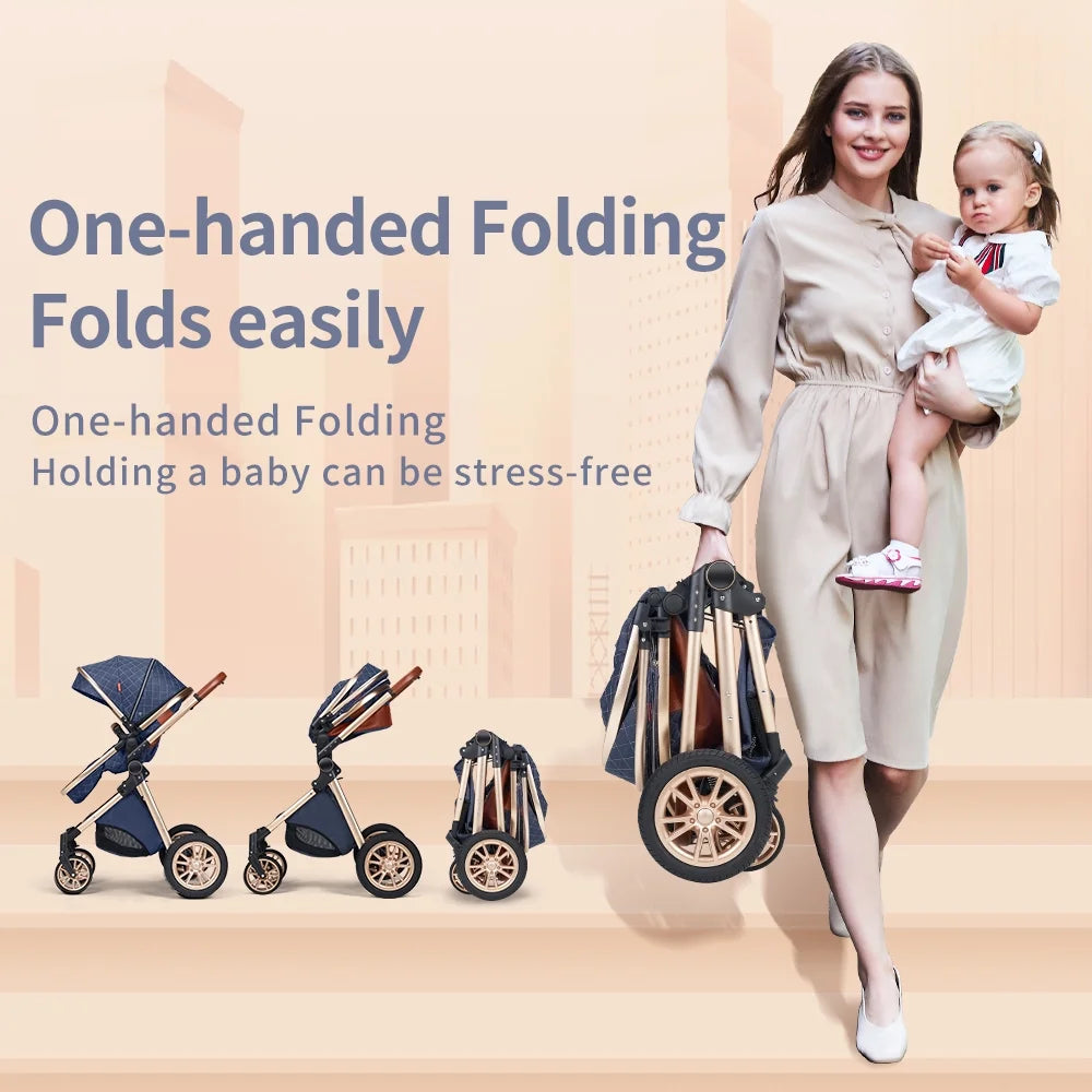 High Landscape Baby Stroller Folding Aluminum Newborn Pram,Unisex,Black