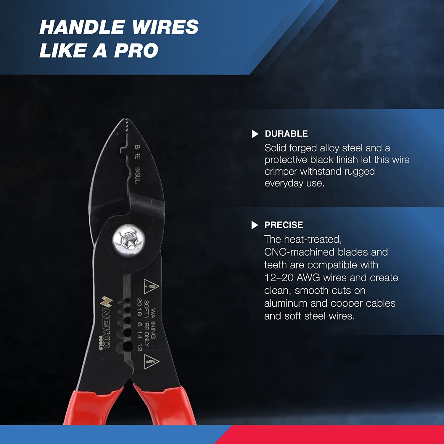 02037A Compact Wire Stripper | 4-In-1 Multi Purpose Electricians Pliers | Wire Crimper, Cutter and Gripper | 12-20 AWG Wire Service Tool | Crimps Insulated & Non-Insulated | Electrical Stripping