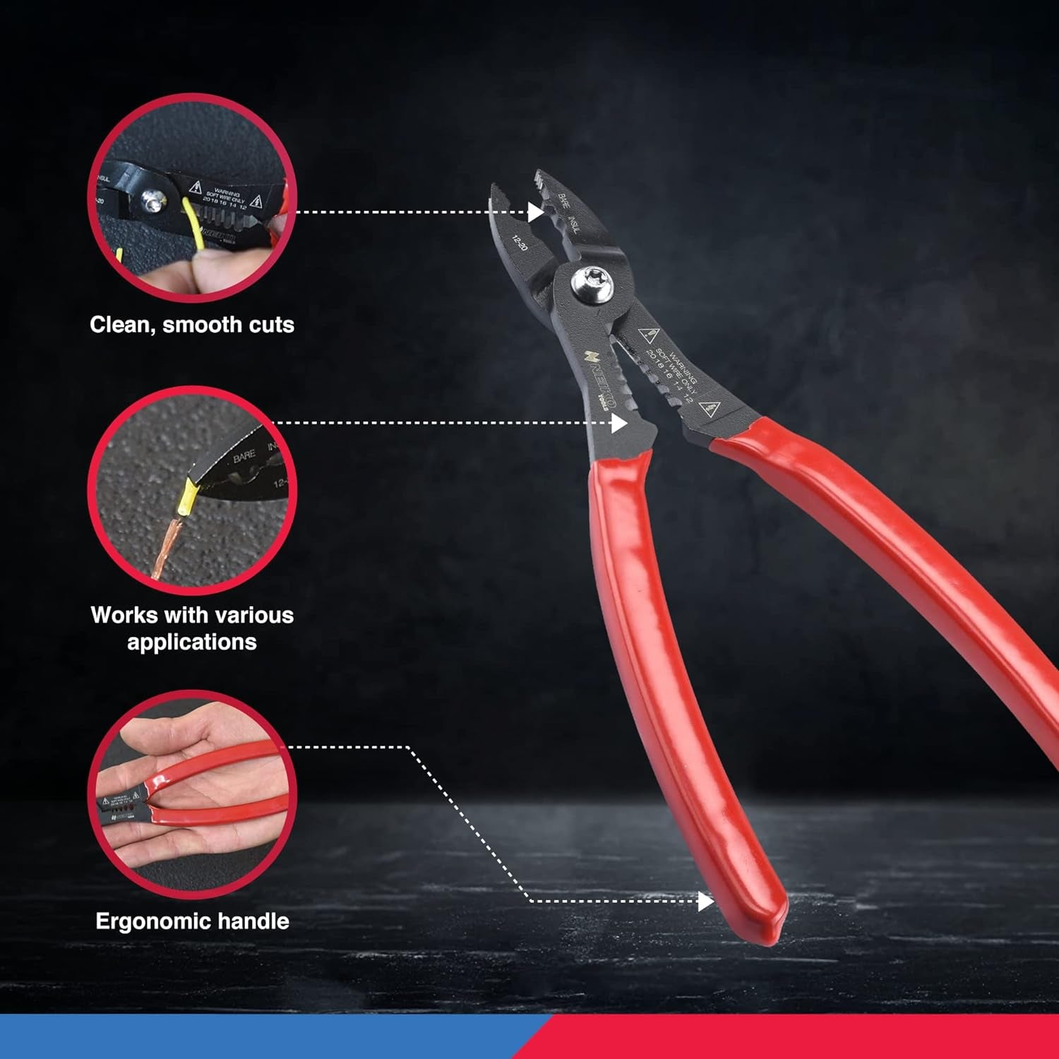 02037A Compact Wire Stripper | 4-In-1 Multi Purpose Electricians Pliers | Wire Crimper, Cutter and Gripper | 12-20 AWG Wire Service Tool | Crimps Insulated & Non-Insulated | Electrical Stripping