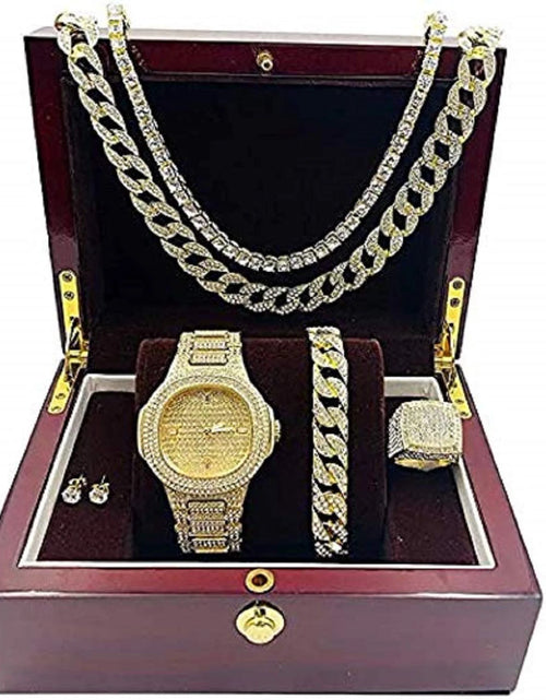 Load image into Gallery viewer, Silver Plated Bling-Ed Out Oblong Case Metal Mens Watch W/Matching Cuban Chain Bracelet, Cuban Necklace, Tennis Chain &amp; Ring Size 11-8967CRNTS(11)
