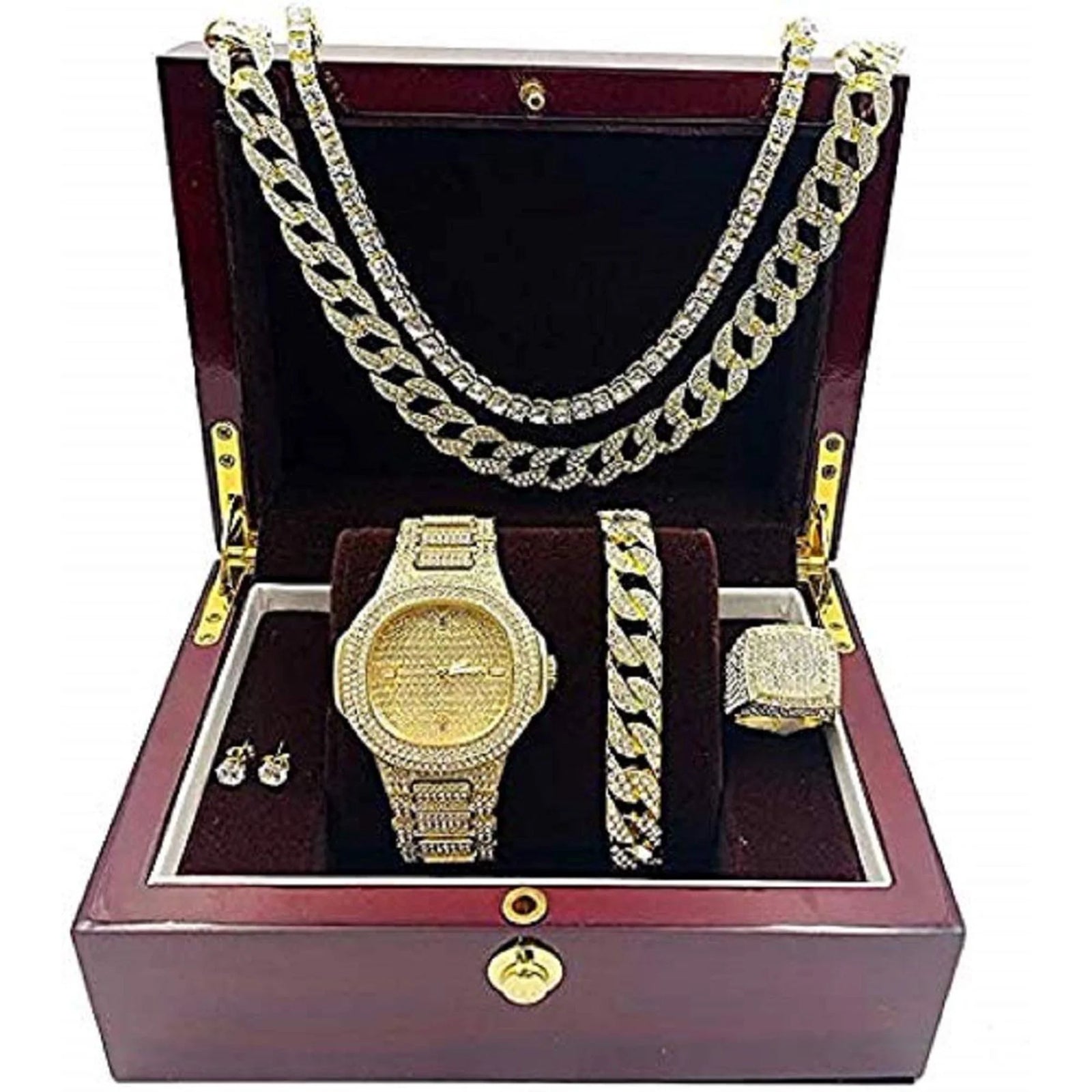 Silver Plated Bling-Ed Out Oblong Case Metal Mens Watch W/Matching Cuban Chain Bracelet, Cuban Necklace, Tennis Chain & Ring Size 11-8967CRNTS(11)