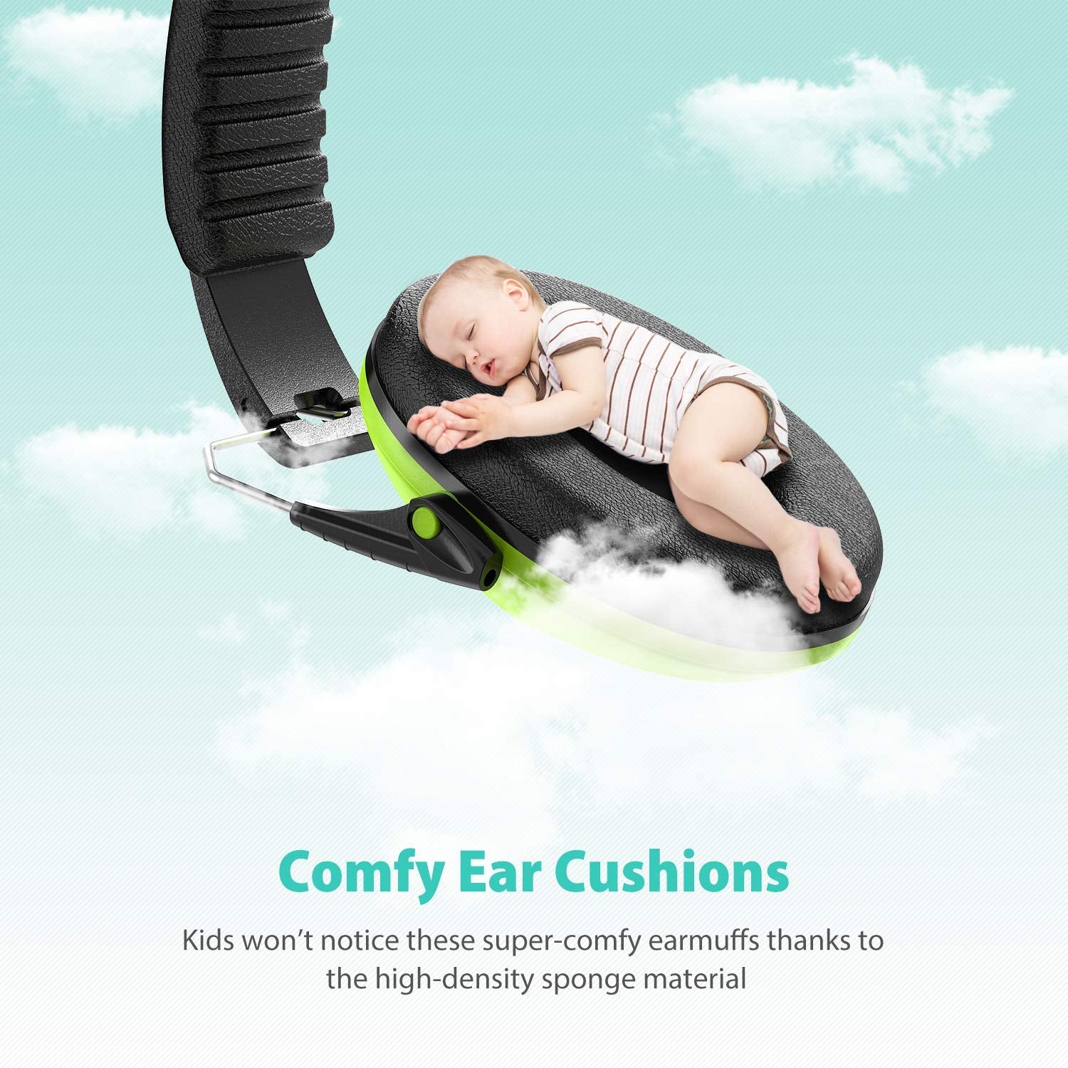 EM100 Kids Protective Earmuffs with Noise Blocking Children Ear Muffs for Sleeping, Studying, Shooting, Babies 27NRR Adjustable Head Band, Green